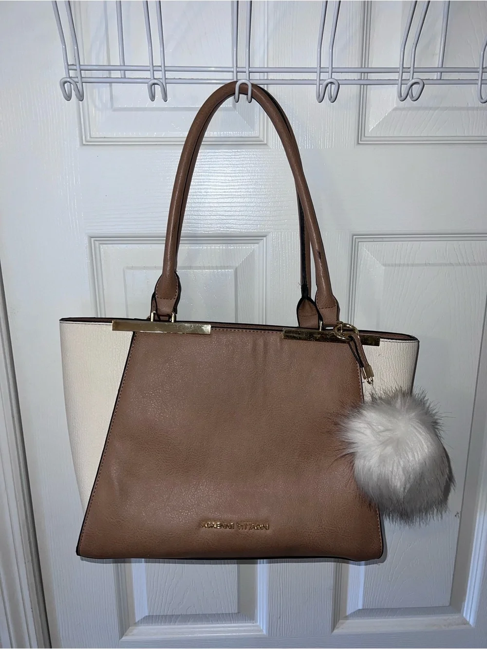 Adrienne Vittadini Taupe and Cream Shoulder Tote with Pom Charm Tan Work Bag